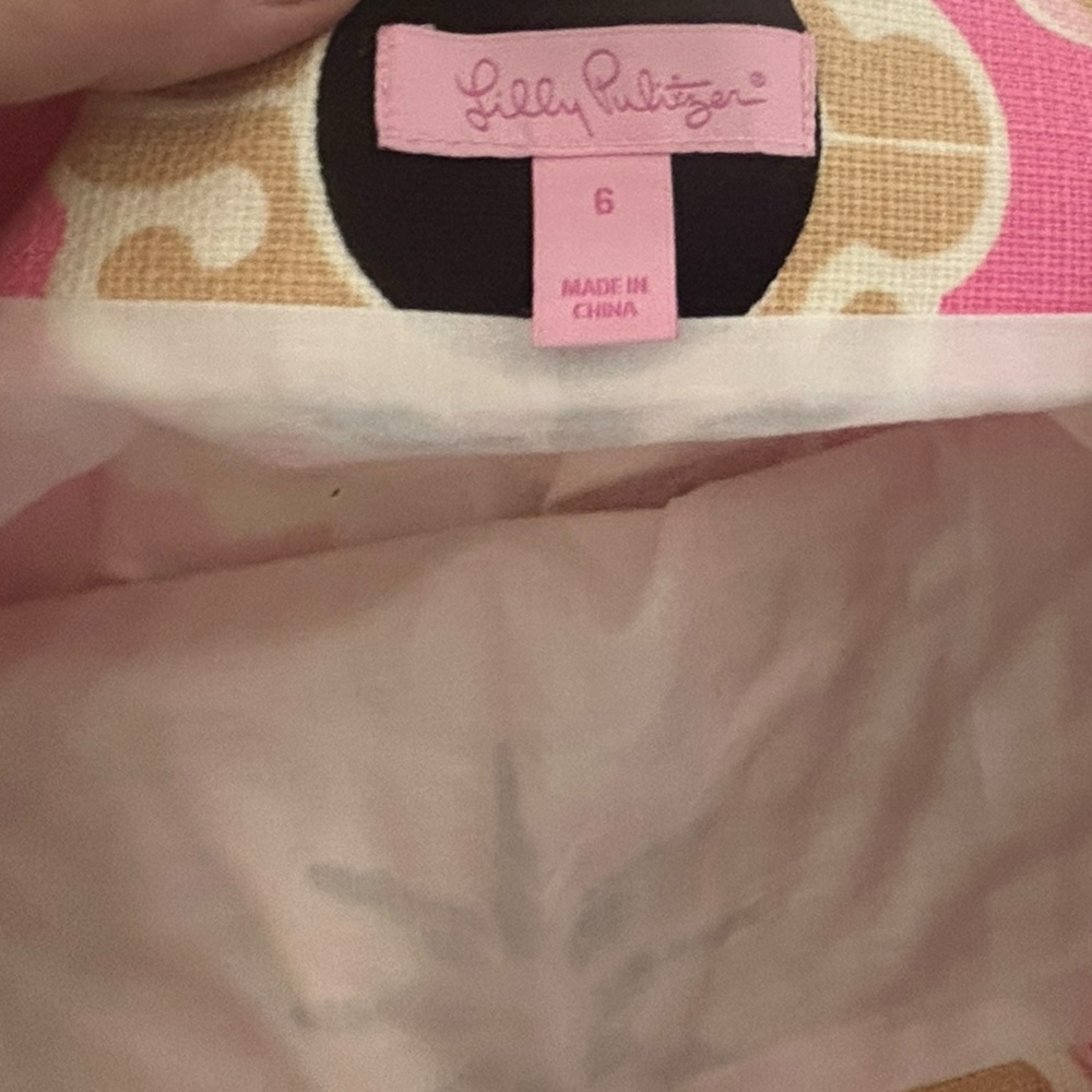 LILLY PULITZER Skirt Sz 6 Pink Tan Black Medallion Print Lined Linen Side Zip - Picture 8 of 13